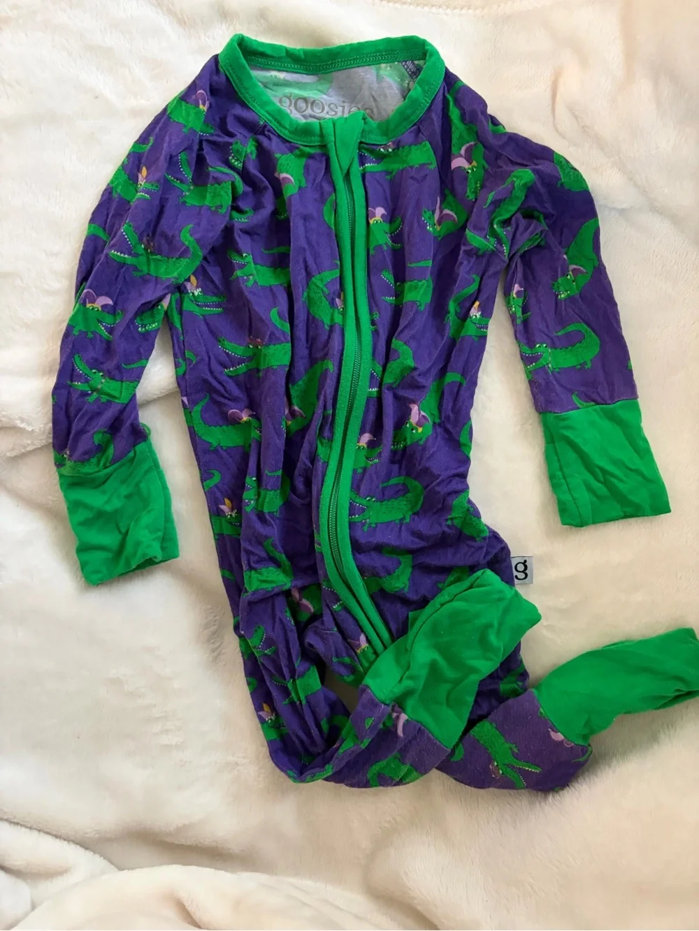 Purple & Green Alligator Print Footed One-Piece -